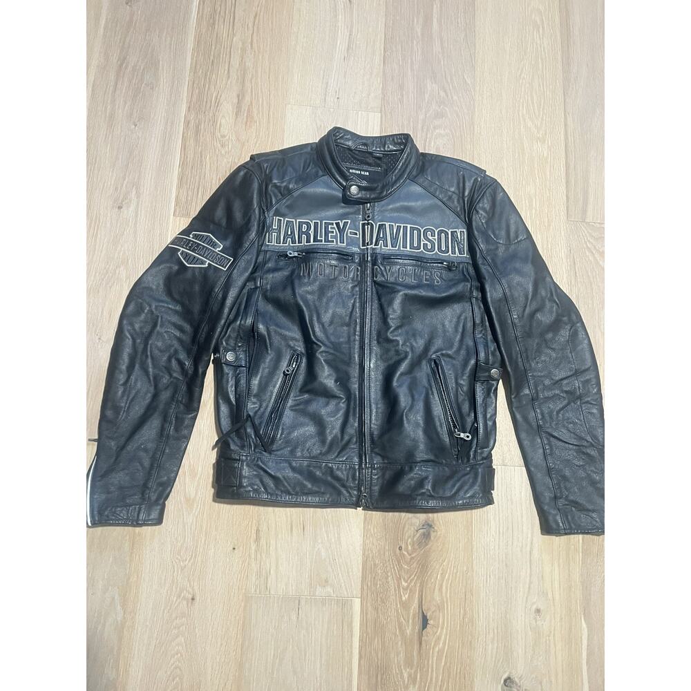 Real Leather Harley Davidson Jacket Mens M Black Embroidered Motorcycle EUC